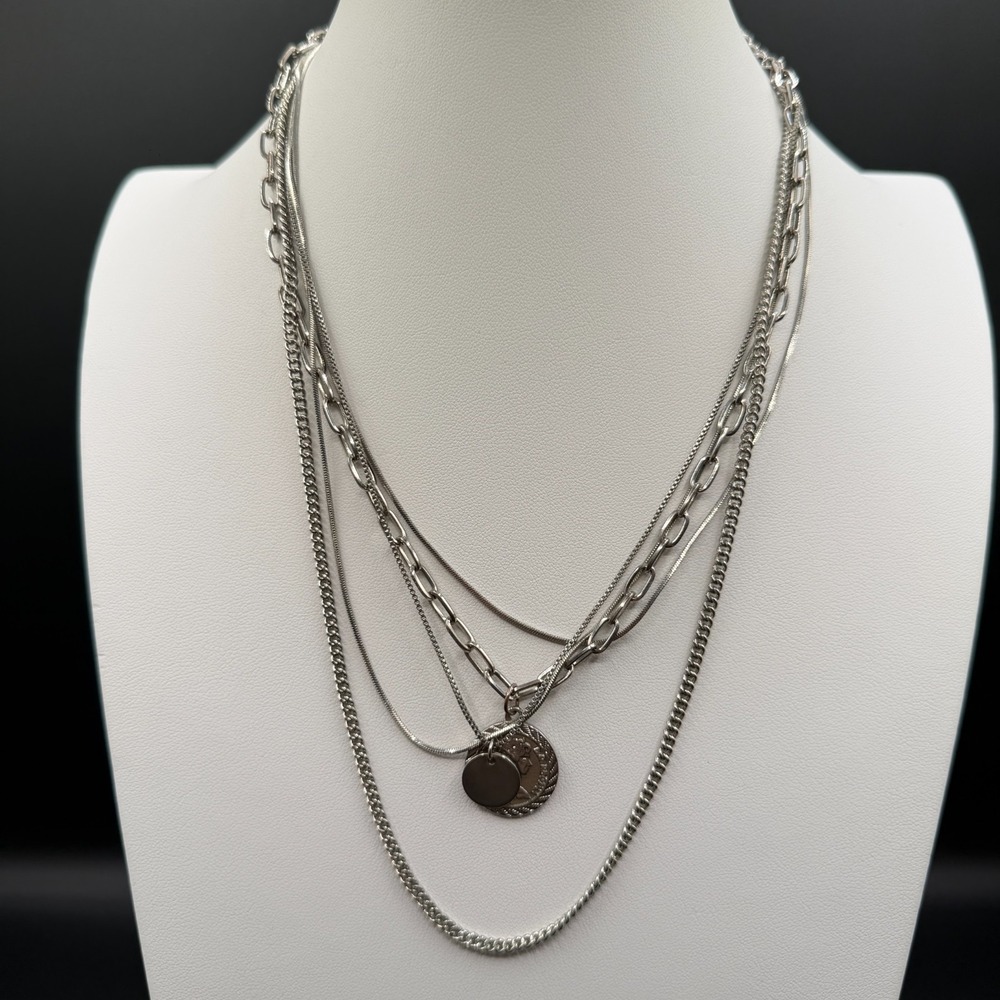 Silver Tone Multi Strand Layered Coin Pendant Necklace Y2K Statement Mixed Chain